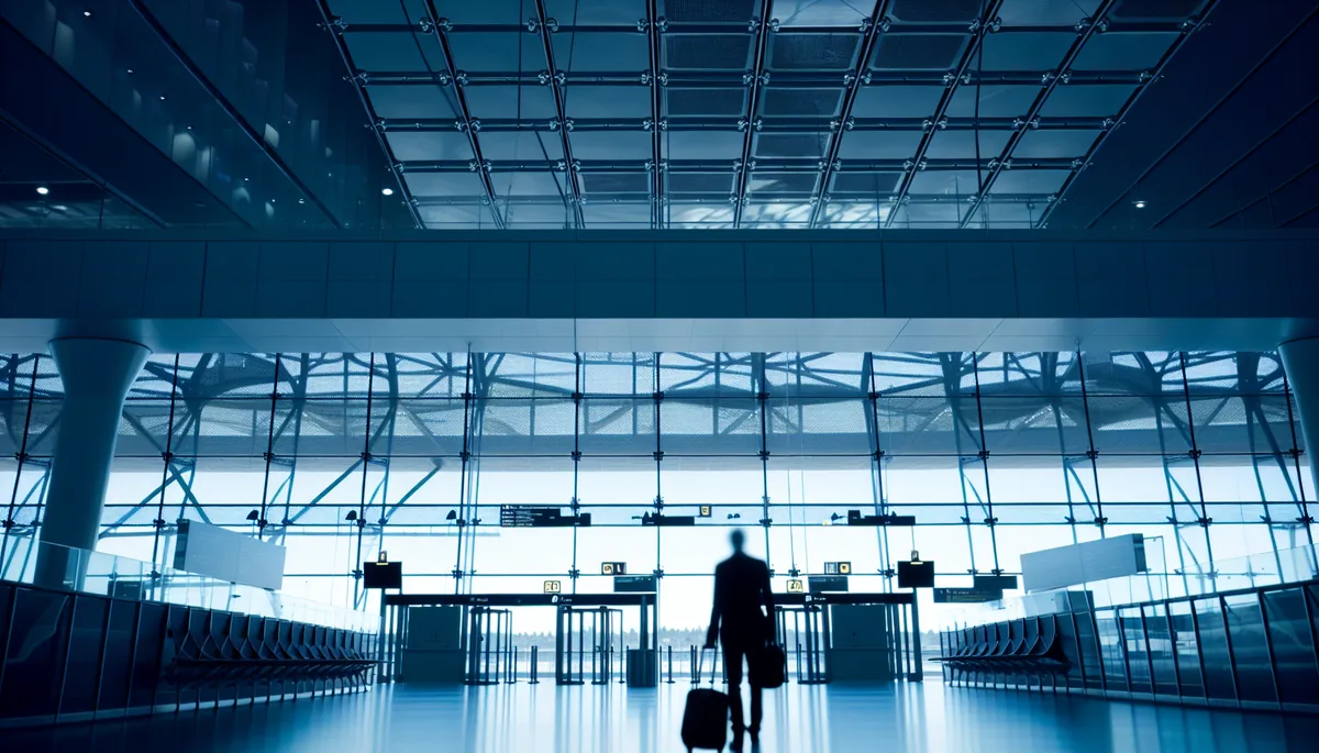 Silhouette of a traveler at a modern Scandinavian airport terminal with clean architectural lines and soft Nordic lighting