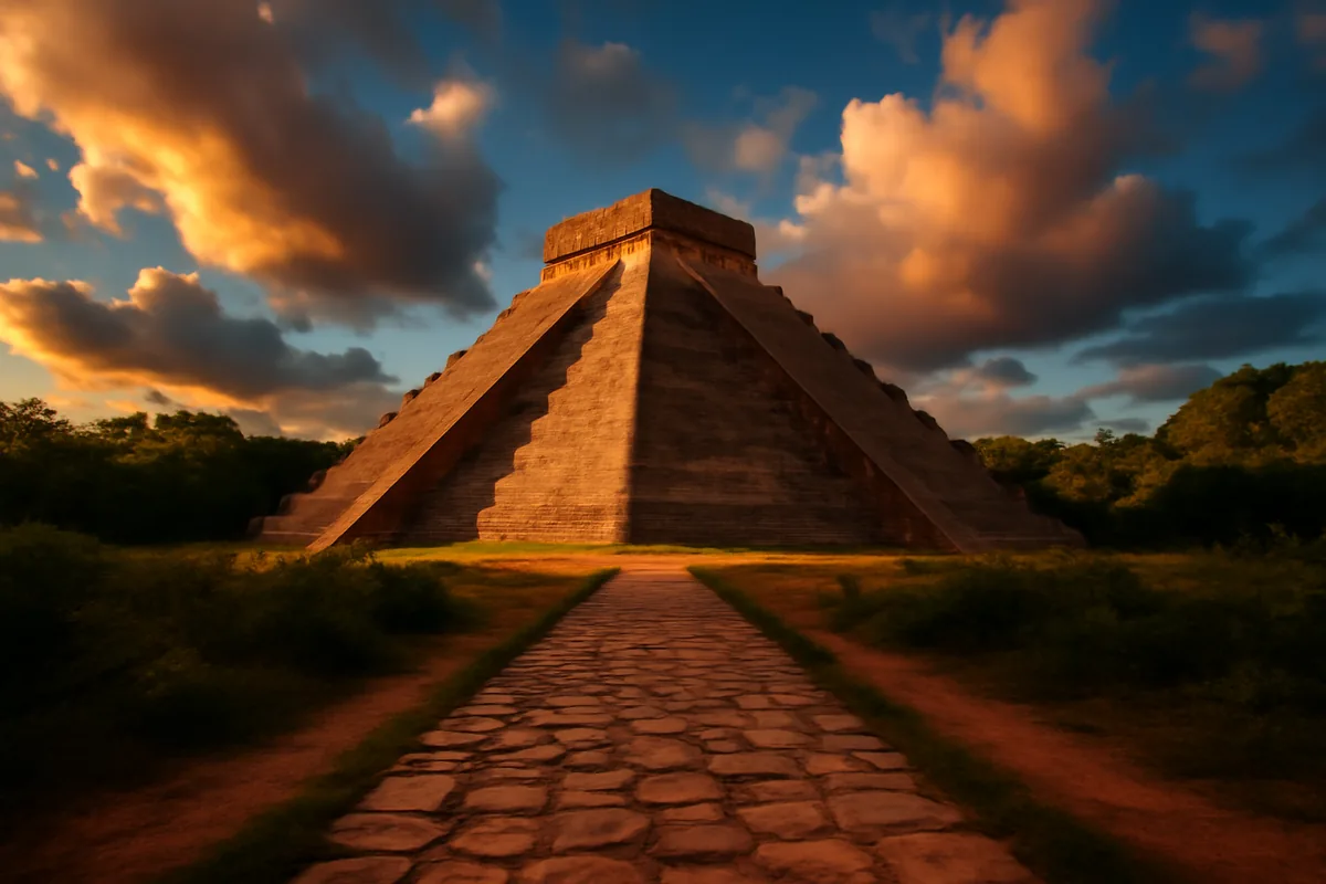 Ancient Mayan pyramid at Chichen Itza surrounded by lush green jungle under a dramatic golden hour sky with warm amber tones