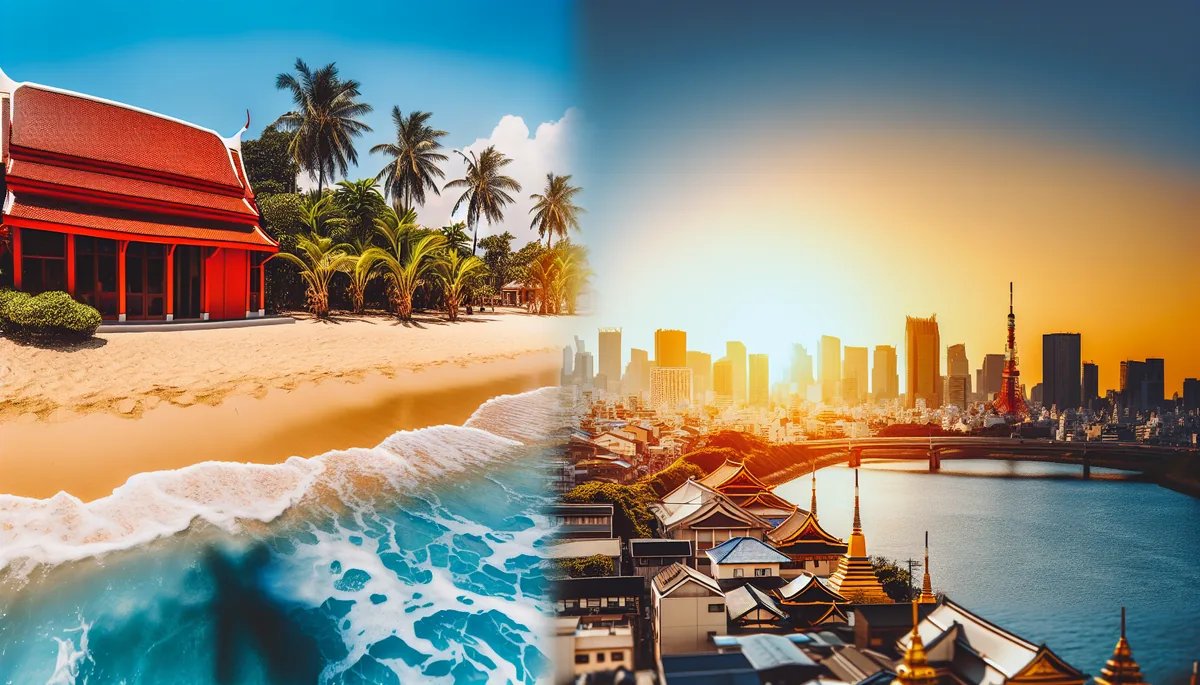 Split composition travel photograph showing a tropical Thai beach with palm trees on one side and Tokyo's urban skyline with traditional temples on the other side, representing international travel destinations
