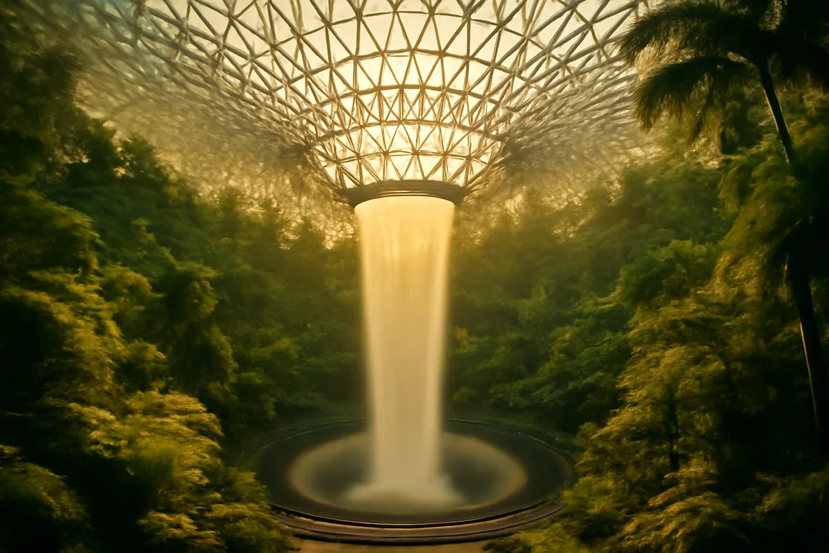 The iconic Jewel Changi Airport indoor waterfall surrounded by lush tropical plants beneath a stunning glass dome ceiling in Singapore