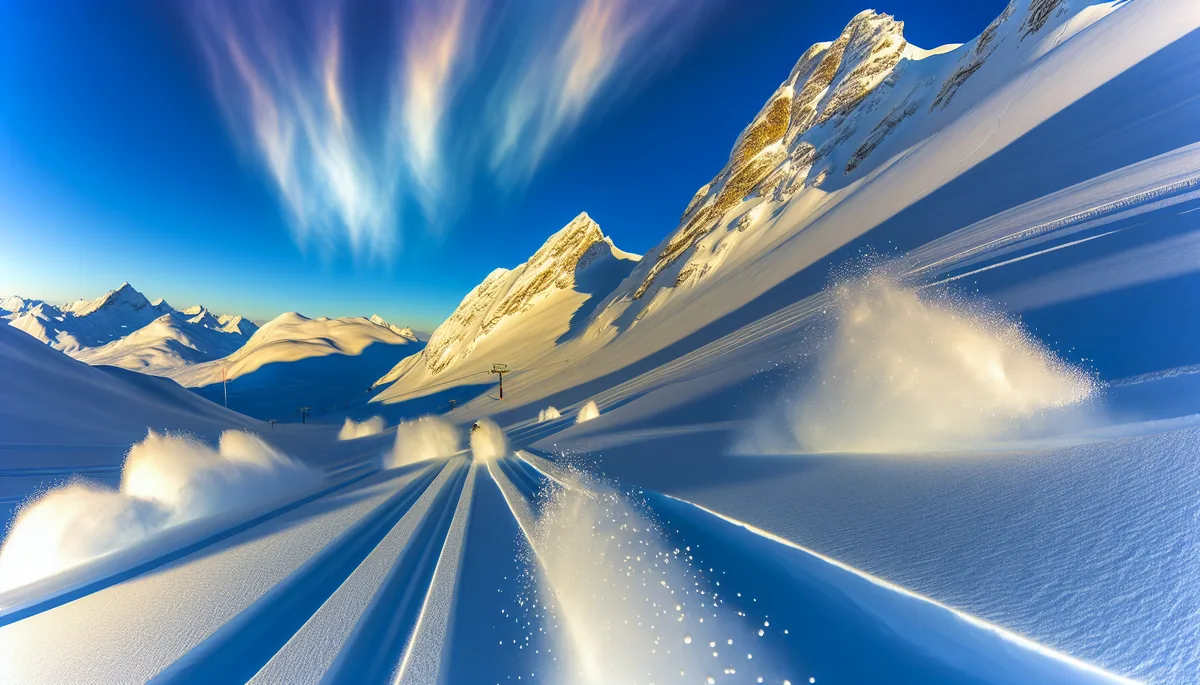 Stunning alpine ski slope with fresh powder snow, distant skiers creating snow spray against dramatic mountain peaks under bright blue sky with golden sunlight
