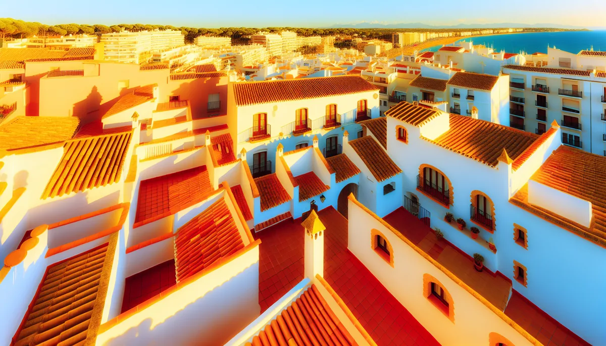 Scenic view of traditional Spanish architecture with terracotta tile roofs overlooking the Mediterranean coast during golden hour