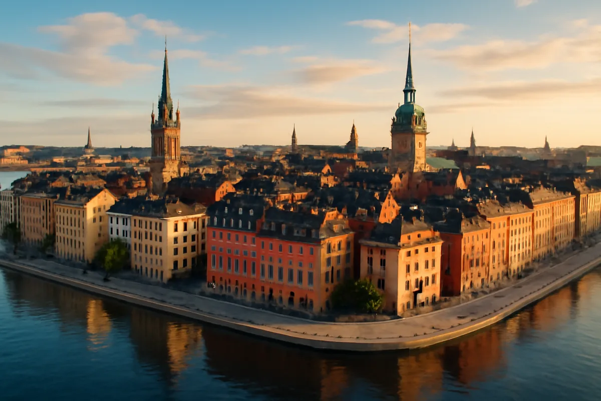 Aerial panoramic view of Stockholm's Gamla Stan old town with colorful historic buildings lining the waterfront at golden hour, church spires visible against a glowing Nordic sky