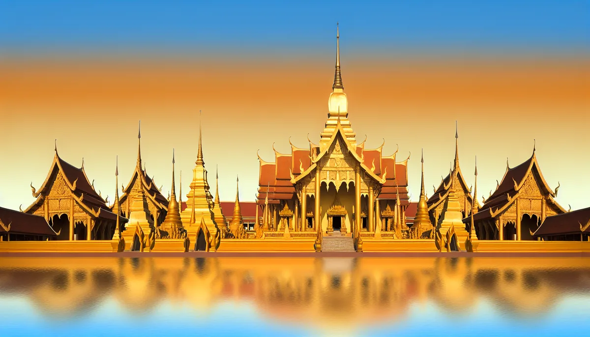 Golden Buddhist temple with traditional Thai architecture reflecting in calm water during golden hour