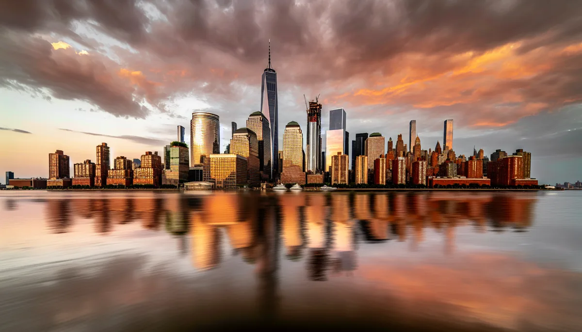 Stunning view of Manhattan skyline at golden hour with skyscrapers reflecting in the water