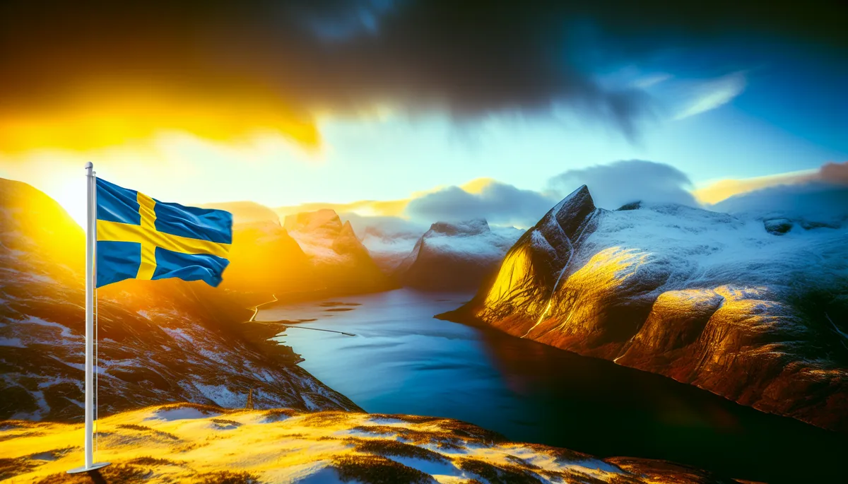Swedish flag flying over a stunning Nordic landscape with snow-covered mountains and blue fjords during golden hour