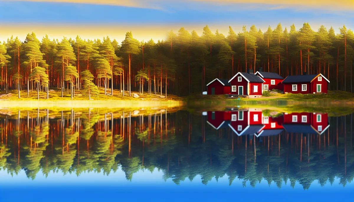 Scenic Swedish landscape featuring traditional red wooden houses beside a peaceful lake with pine forest reflections