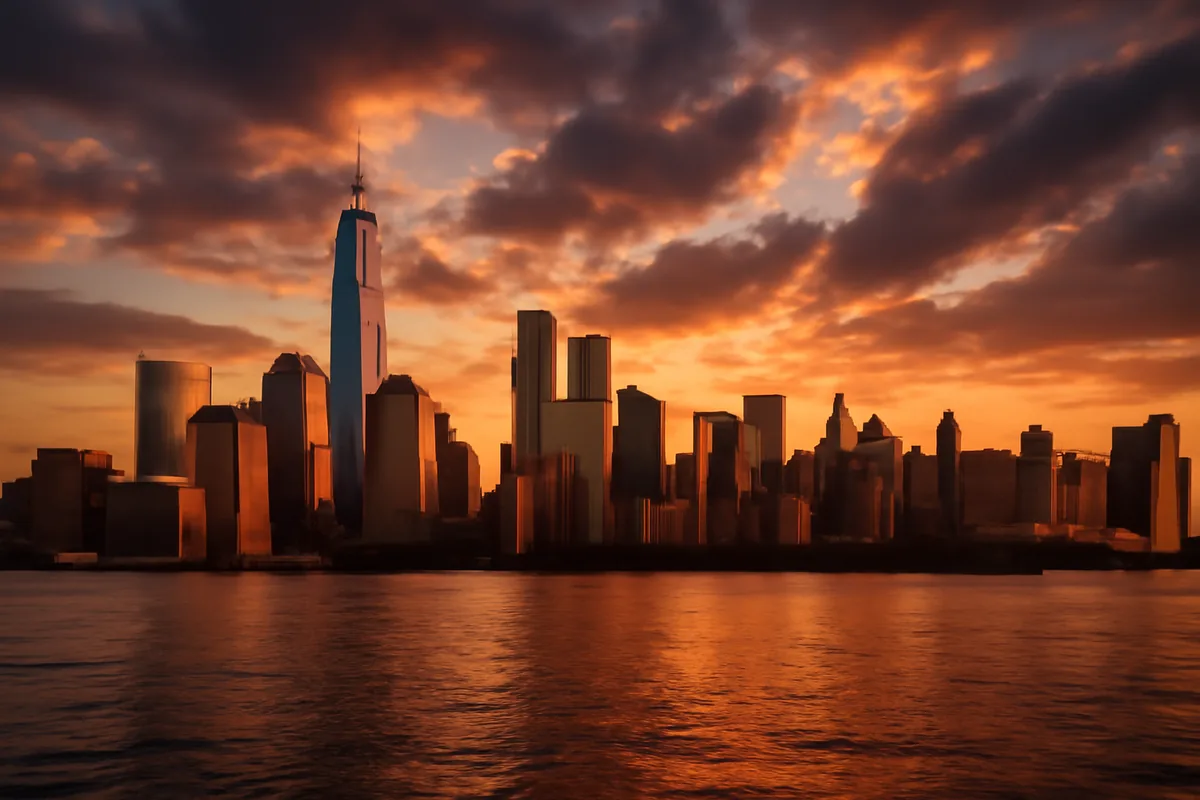 Golden hour view of the Manhattan skyline with skyscrapers reflected in the Hudson River under a dramatic orange and purple sky