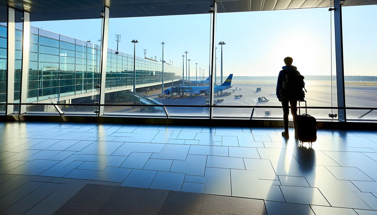Silhouette of a traveler with backpack at a modern airport terminal with planes visible through large windows