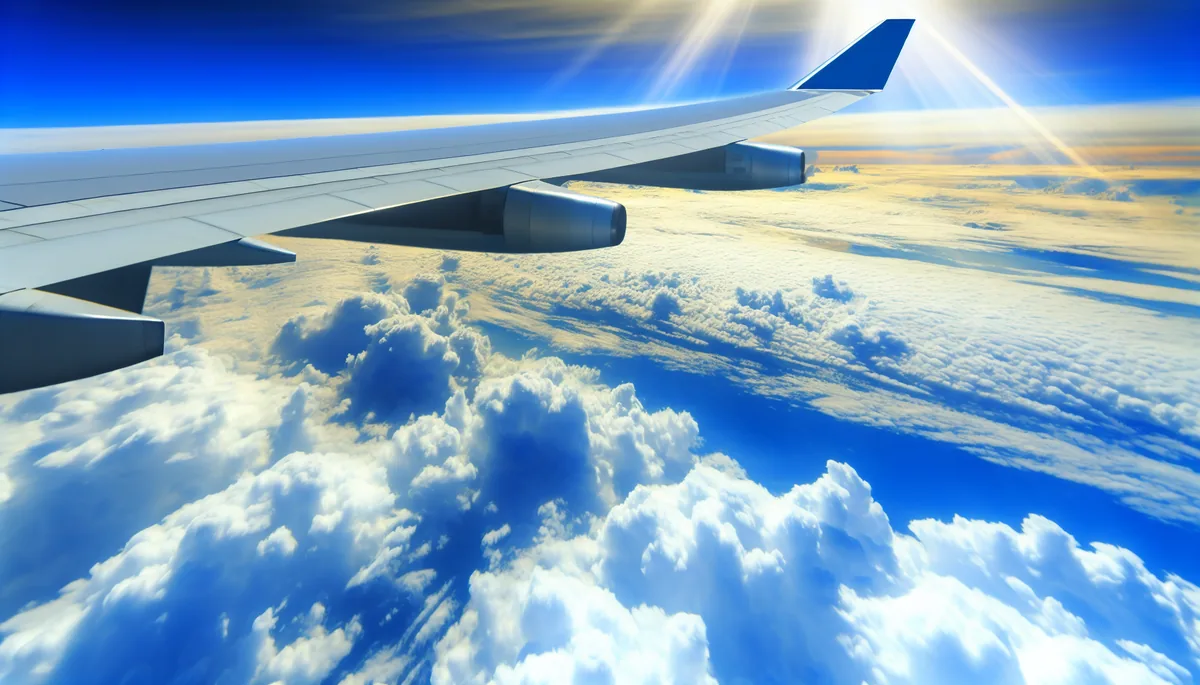Commercial airplane flying above white clouds in a bright blue sky with golden sunlight