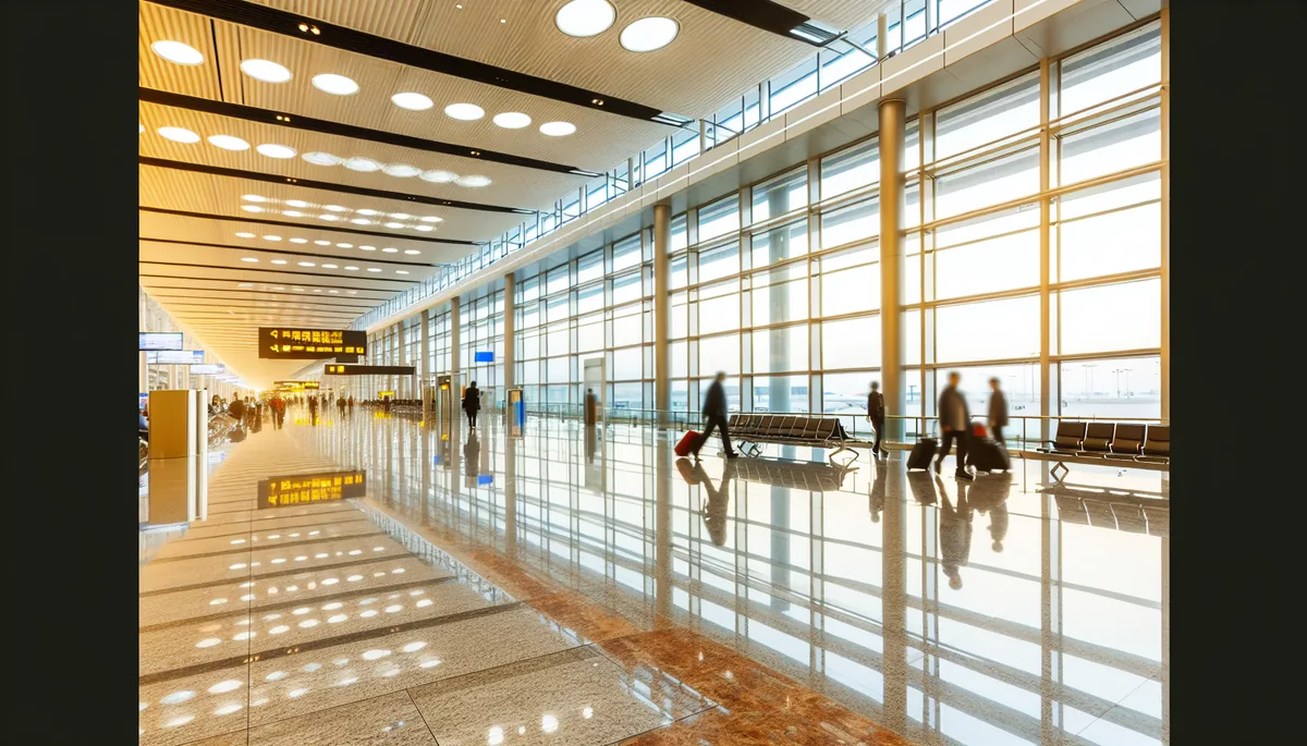 Modern airport terminal interior with travelers walking through a bright, spacious corridor with large windows and contemporary architecture
