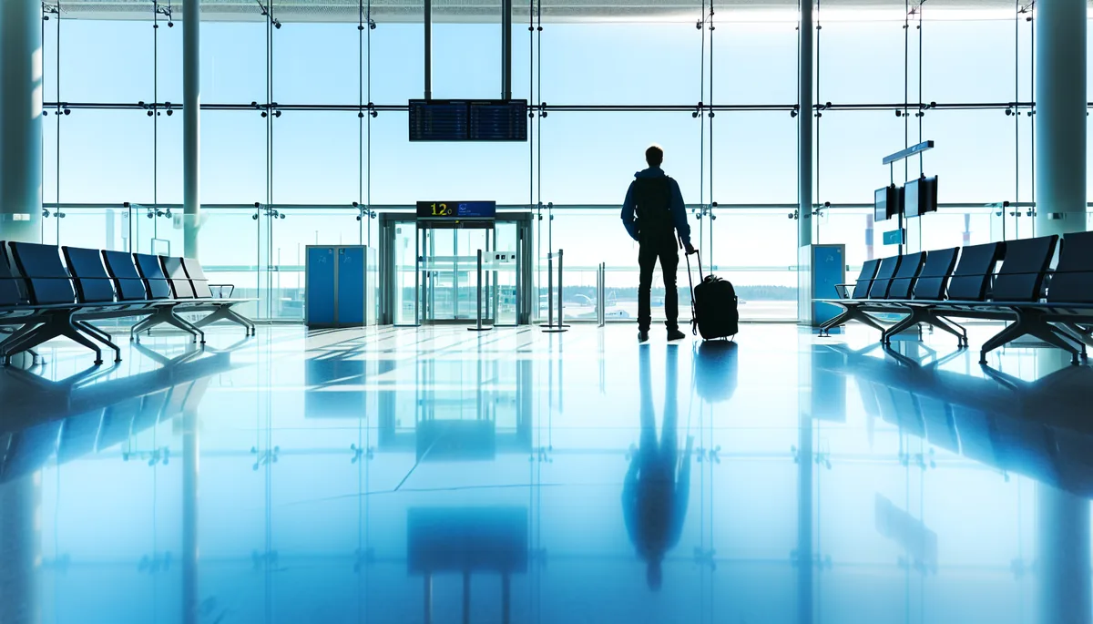 Silhouette of a traveler standing at a modern airport terminal with large windows and Nordic lighting