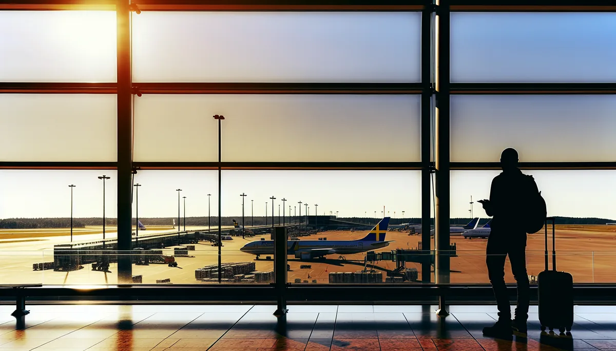 Silhouette of a traveler standing at an airport departure gate window overlooking aircraft on the tarmac during golden hour