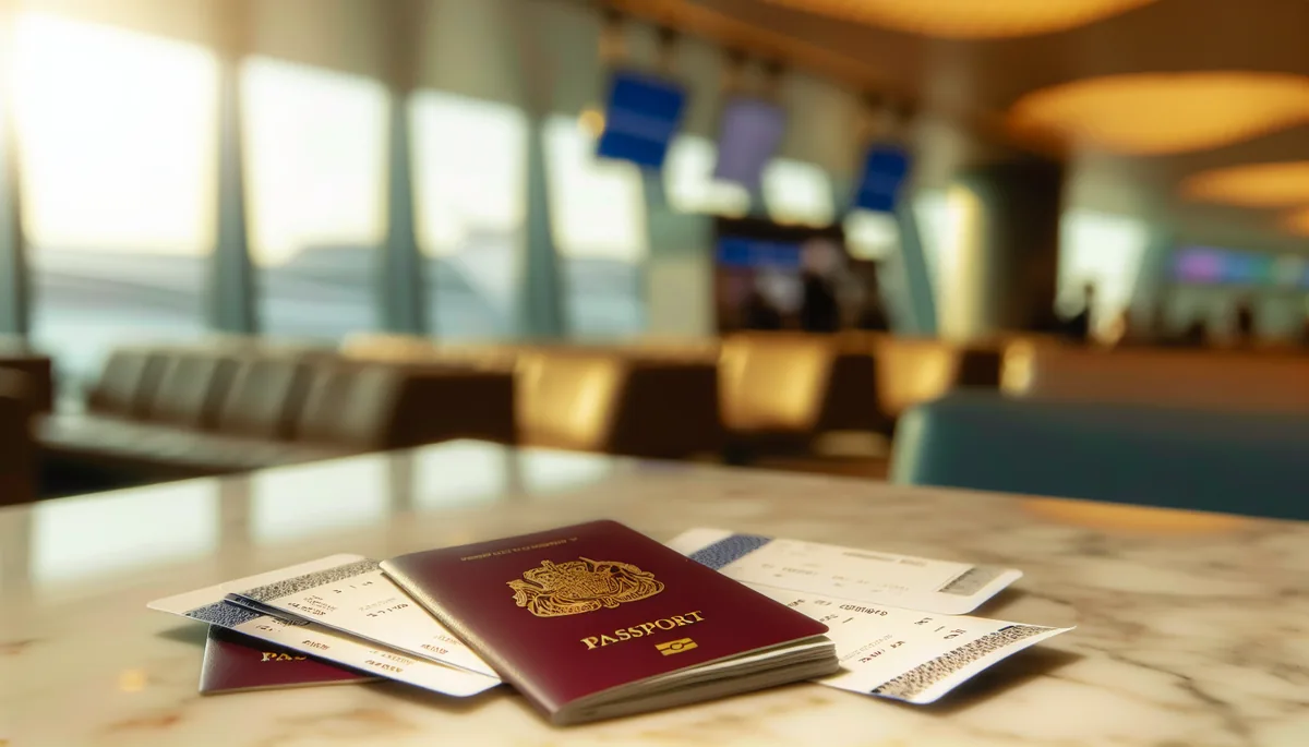 European passport and boarding passes on marble surface with blurred airport lounge in background