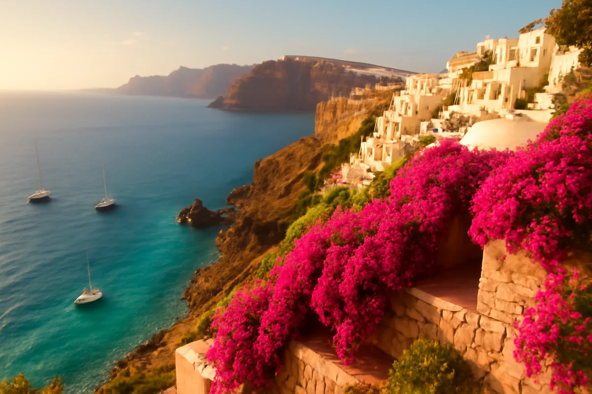 A stunning panoramic view of a sun-drenched Mediterranean coastline with turquoise waters, white-washed clifftop villages, and colorful bougainvillea flowers, captured in warm golden summer light.