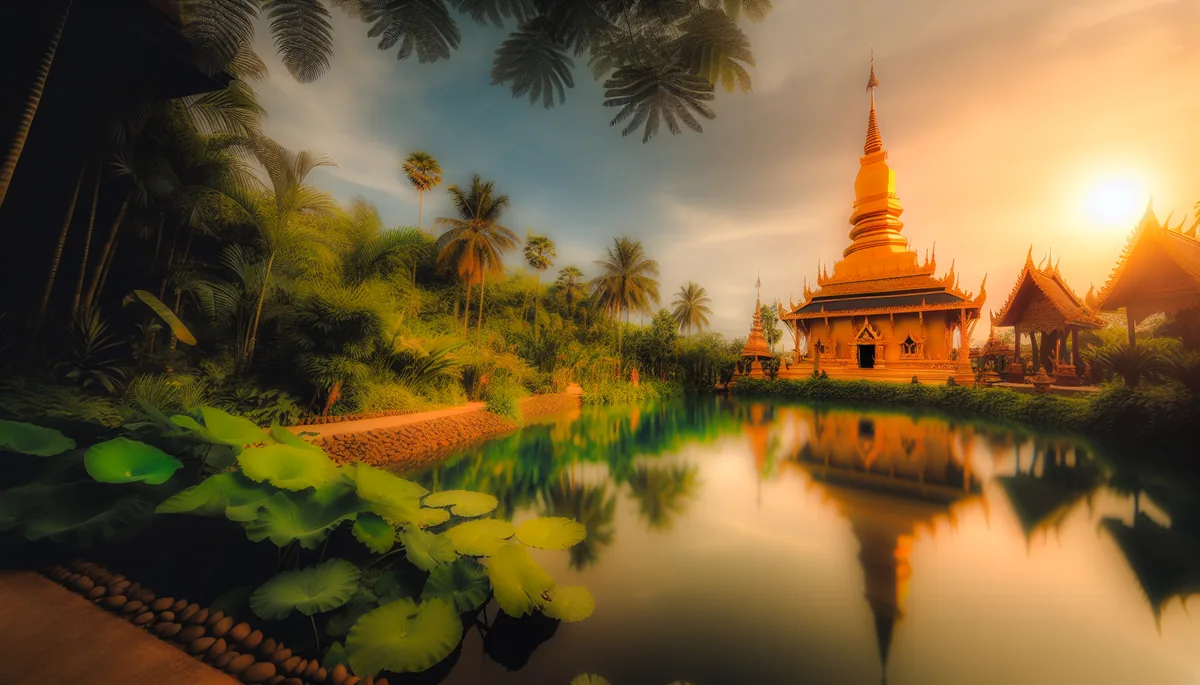 Golden Asian temple pagoda reflecting in calm water surrounded by tropical greenery during golden hour