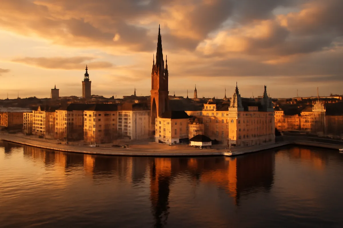 Aerial panoramic view of Stockholm's Gamla Stan old town with colorful historic waterfront buildings reflected in calm Baltic Sea waters at golden hour