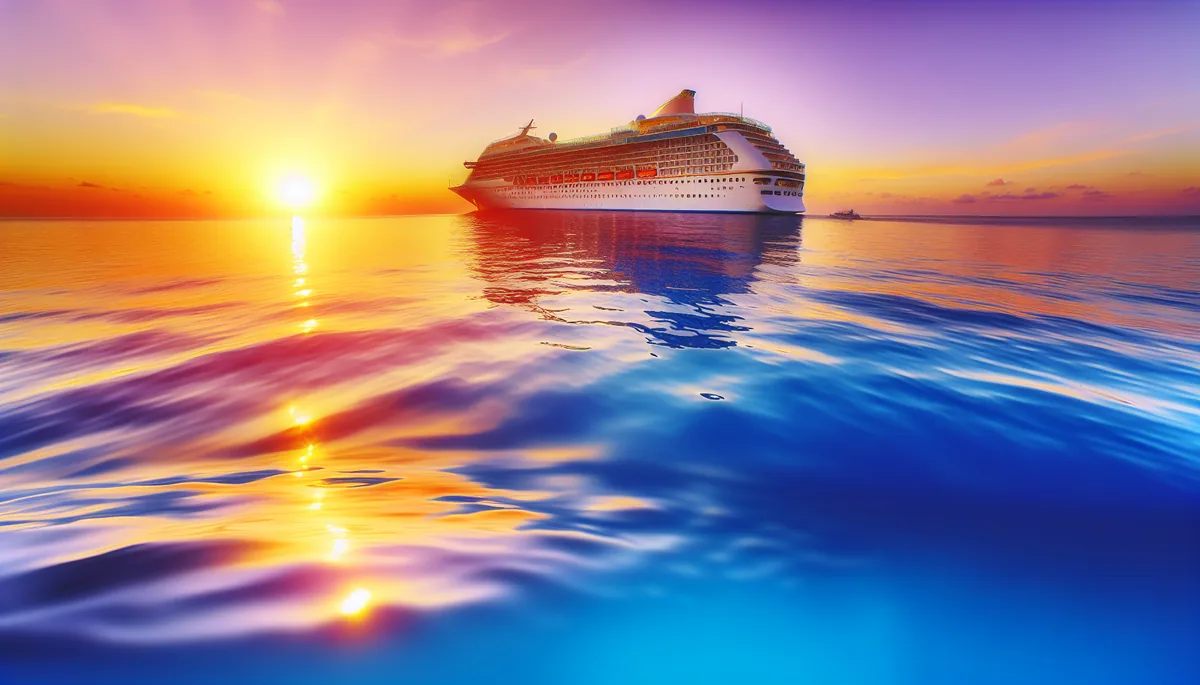 A luxury cruise ship sailing on calm blue ocean waters during a dramatic sunset with orange and purple clouds