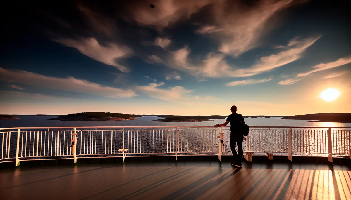 Silhouette of a person standing on a ferry deck overlooking the Stockholm archipelago during golden hour, with scattered islands visible across blue waters under a warm sunset sky