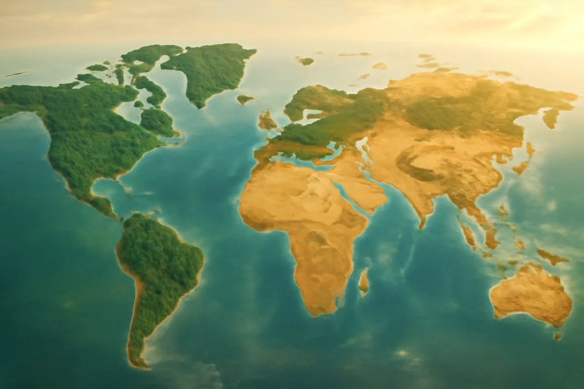 Aerial panoramic view of diverse world landscapes merging together, showing forests, deserts, and coastlines representing global travel destinations