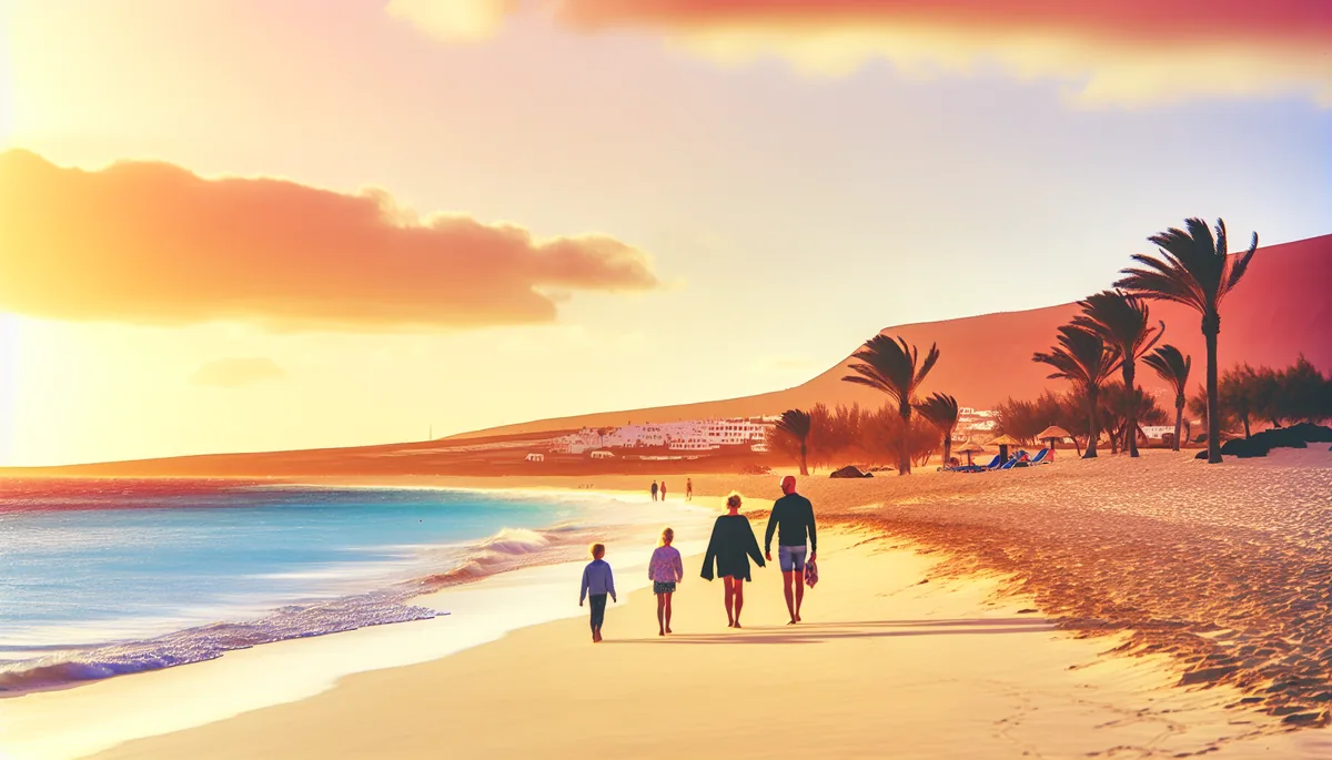 Family silhouettes walking along a beautiful Mediterranean beach at sunset with palm trees and turquoise waters
