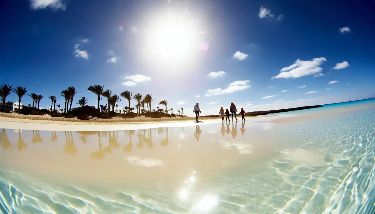 Family silhouettes walking together on a pristine sunny beach with turquoise waters and palm trees, representing Swedish families enjoying Easter vacation in warm destinations
