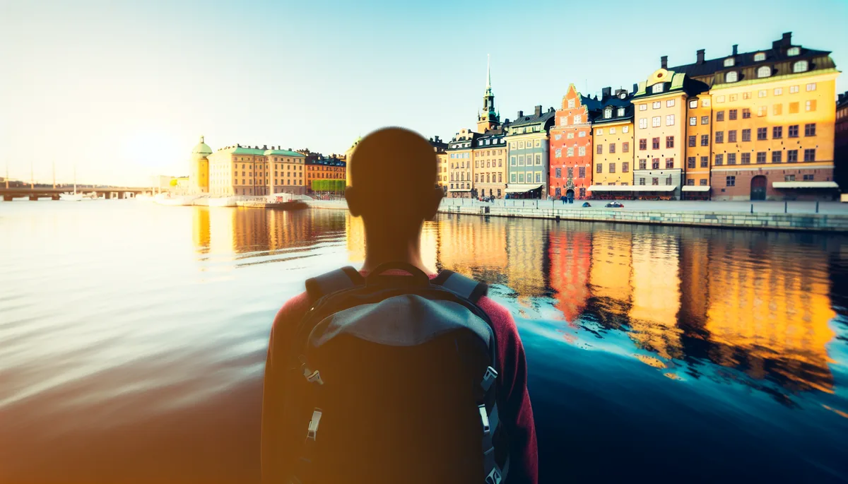 Silhouette of a traveler overlooking Stockholm's historic Old Town (Gamla Stan) waterfront with colorful traditional buildings during golden hour