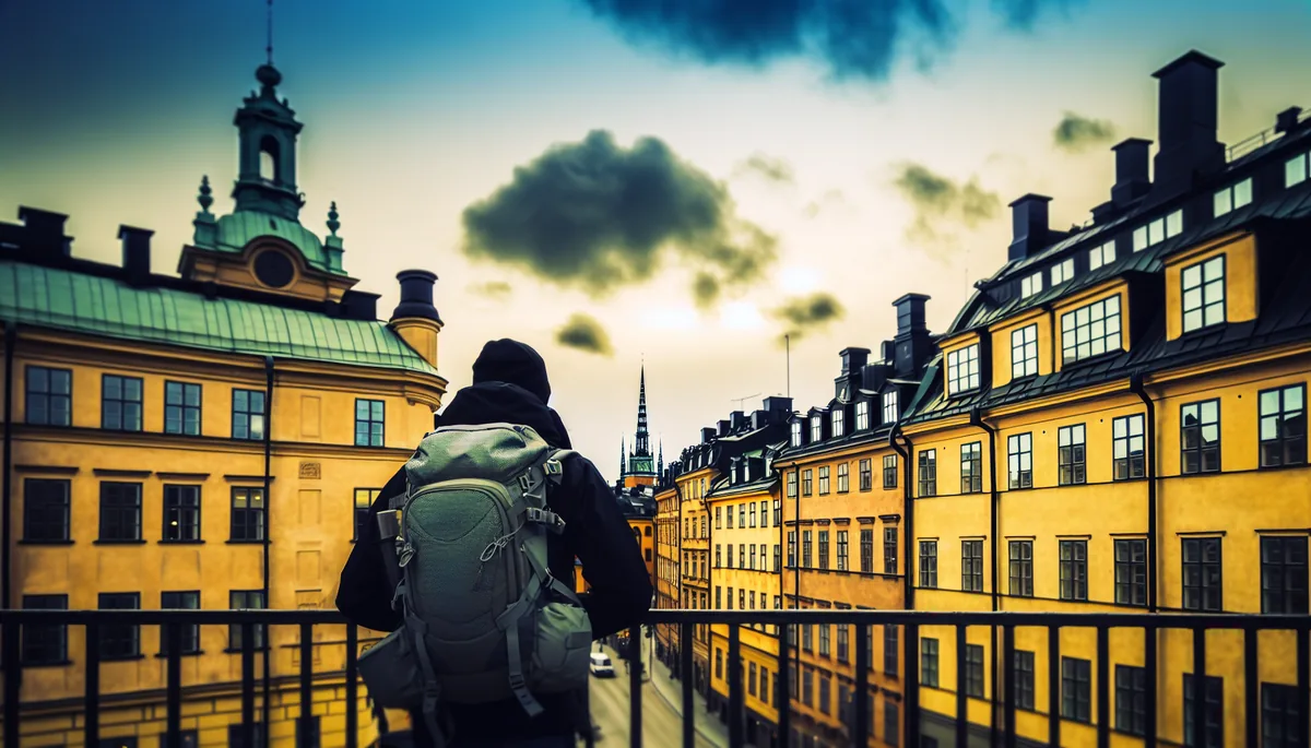 Silhouette of a traveler with backpack overlooking Stockholm's historic Old Town (Gamla Stan) with its characteristic colorful buildings under a dramatic Nordic evening sky