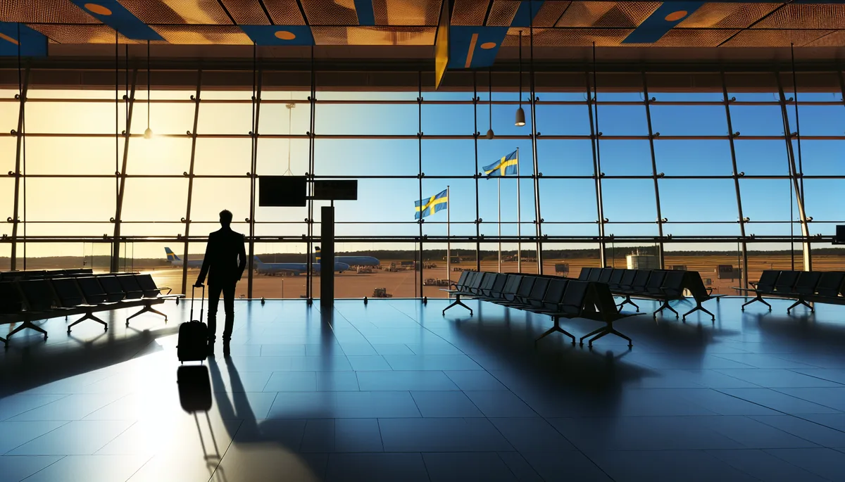 Silhouette of a traveler standing at an airport departure gate during golden hour, representing international travel and connectivity decisions