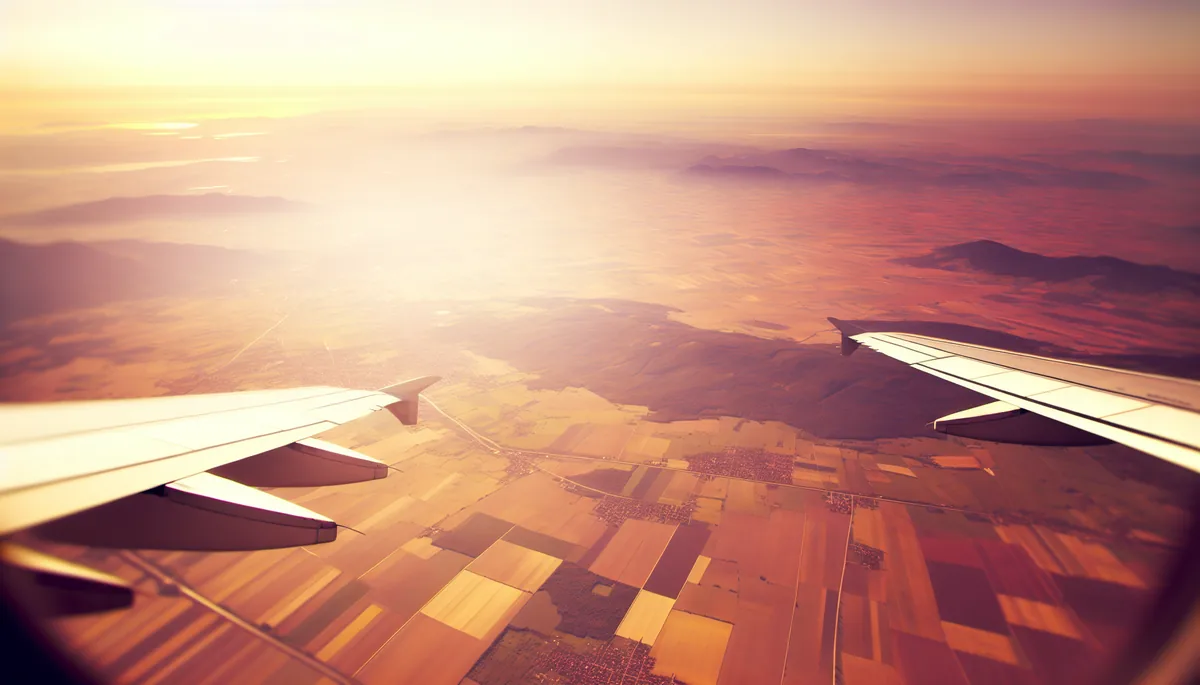 Aerial view of an airplane flying over European countryside with golden fields and mountains during sunset