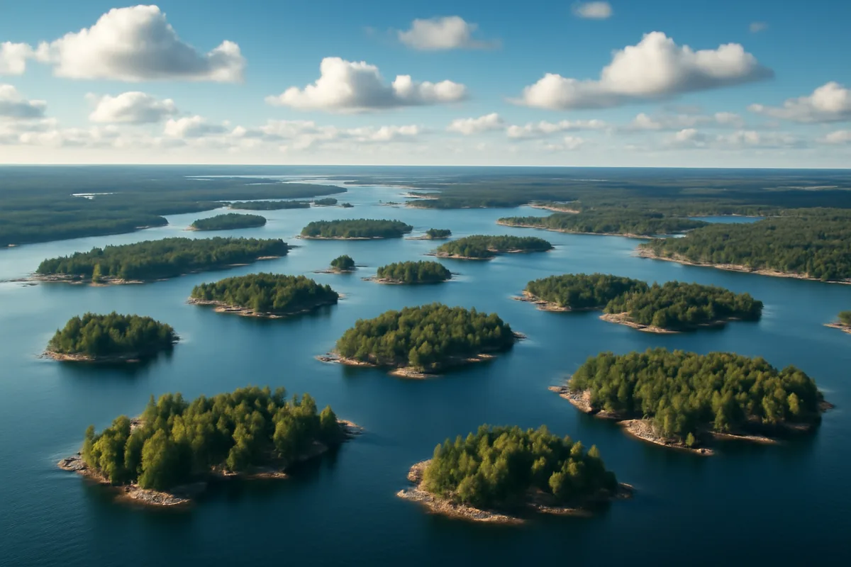 Aerial panoramic view of the Stockholm archipelago, showing scattered green islands surrounded by deep blue Baltic Sea waters under a bright Nordic summer sky