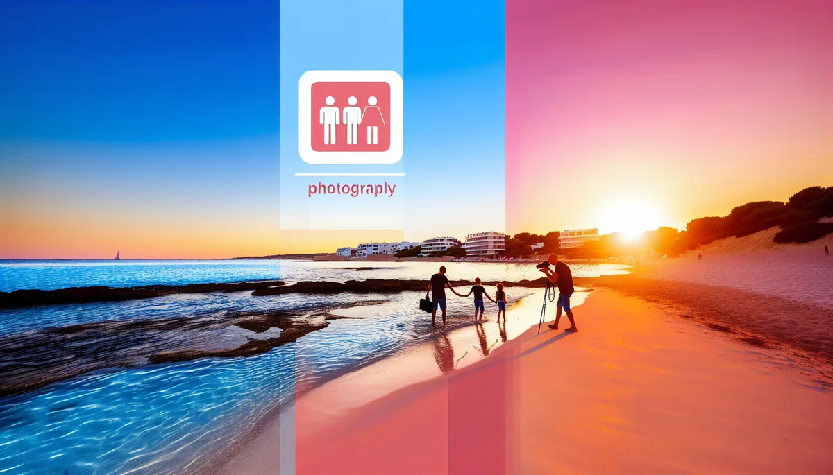 Family silhouettes walking on a beautiful Mediterranean beach during golden hour sunset with crystal blue waters and coastal village in background