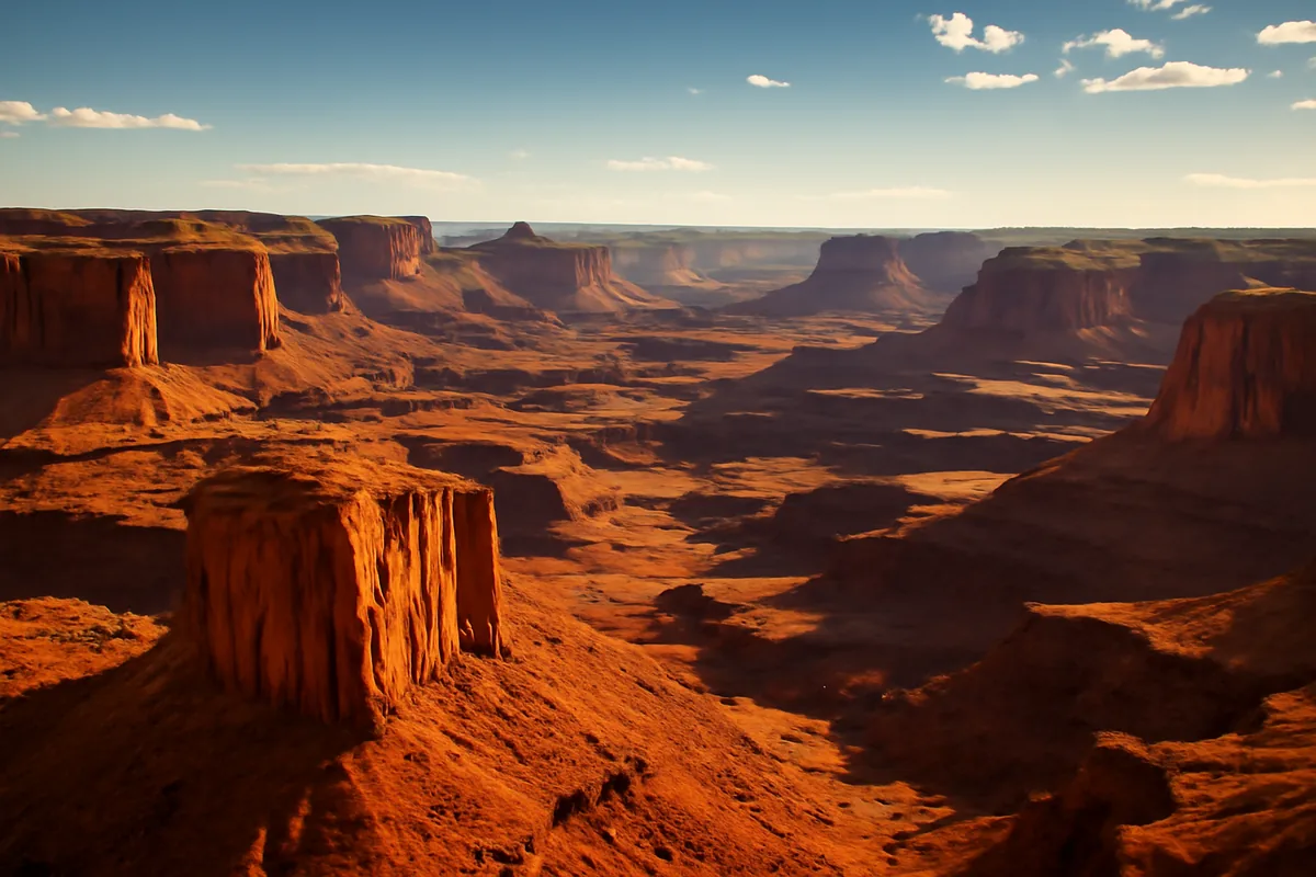 Aerial panoramic view of dramatic red rock canyon formations in the American Southwest under a vivid blue summer sky with warm golden light