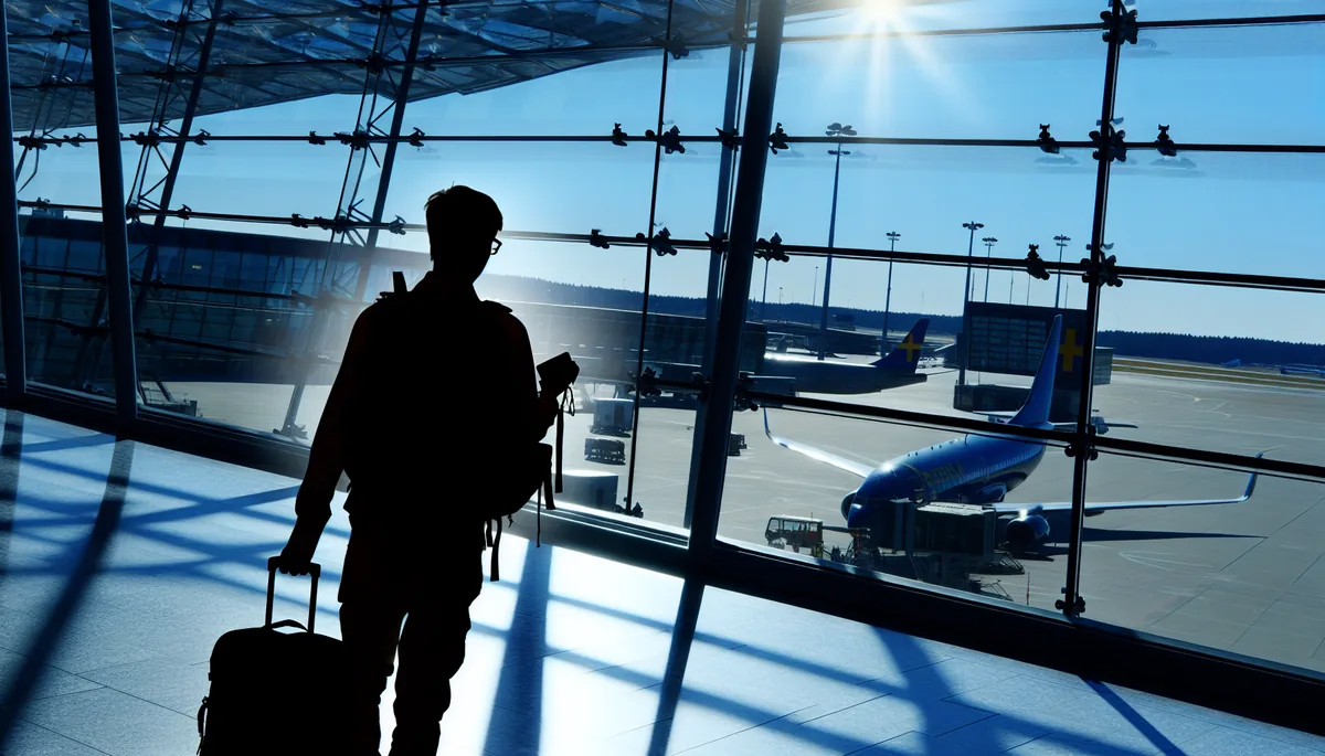 Silhouette of a traveler with backpack walking through a modern airport terminal with large windows showing planes outside