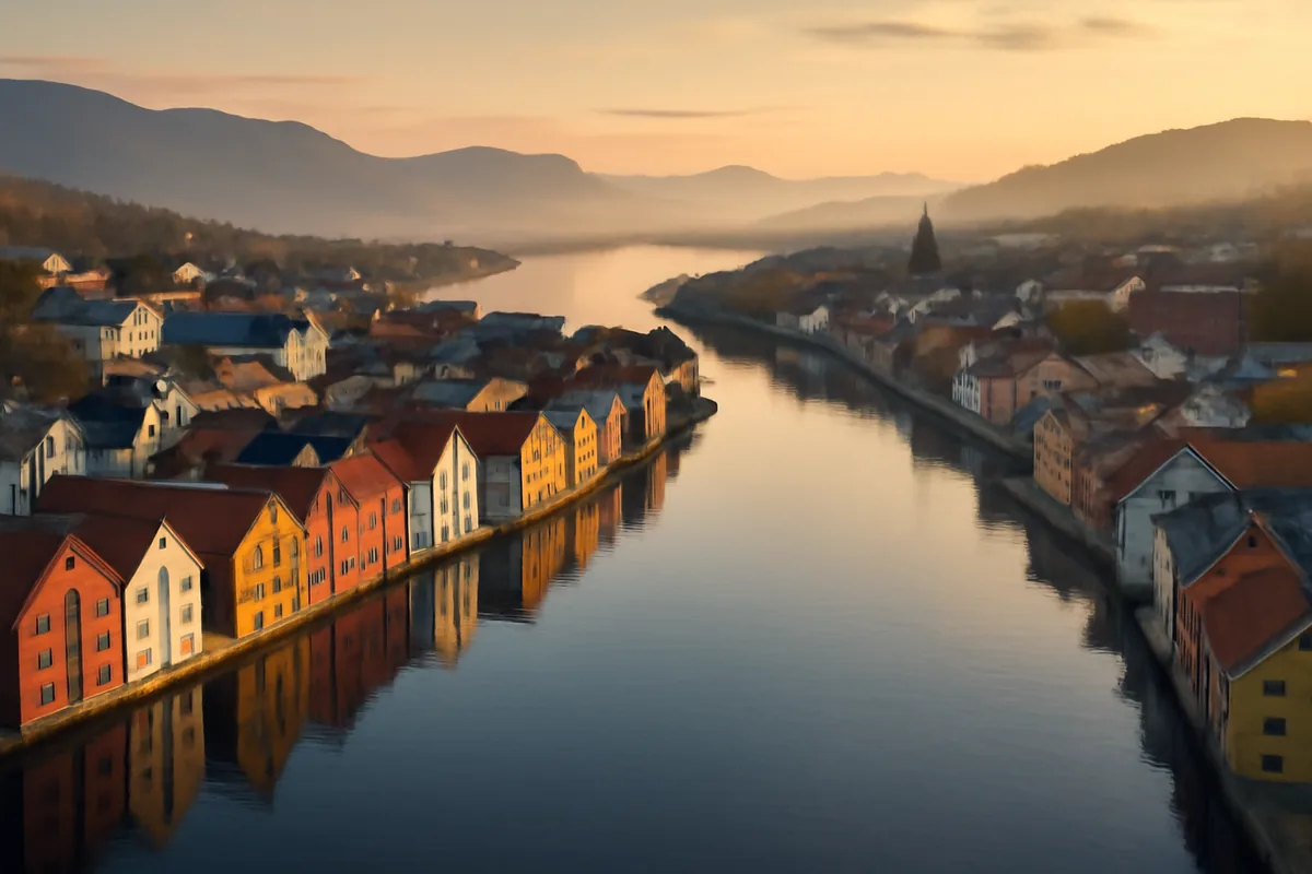 Aerial view of a scenic Scandinavian coastal town with colorful wooden houses reflected in calm fjord waters at golden hour, surrounded by misty mountains in the background.