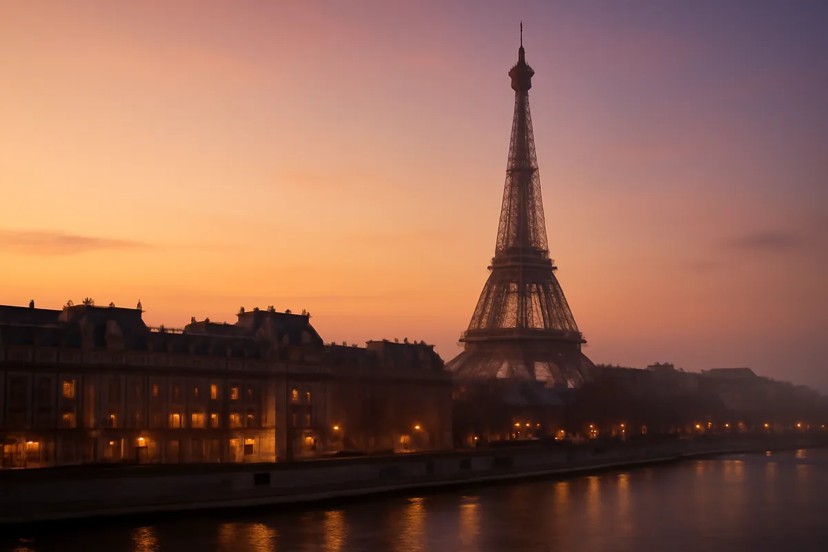 The Eiffel Tower seen above classic Parisian rooftops at golden hour, with the Seine river reflecting warm evening light in the foreground.