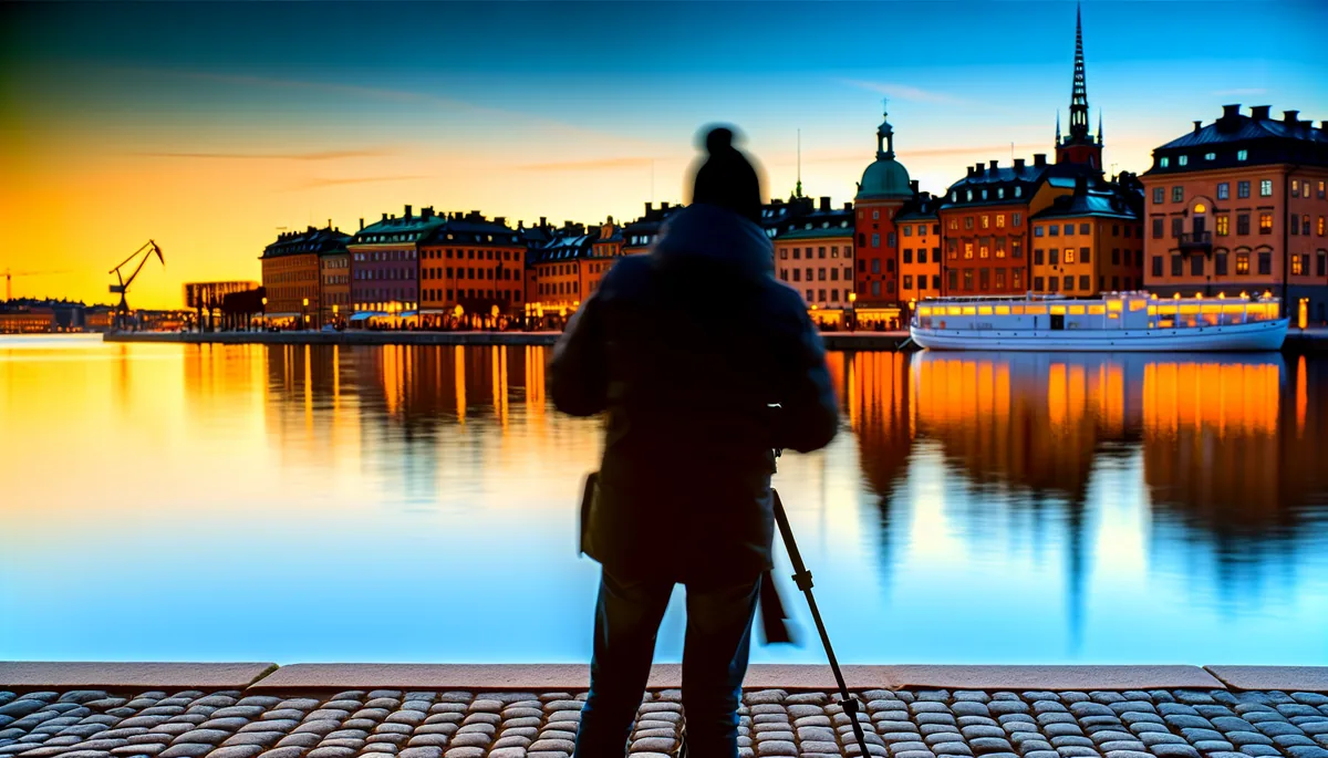 Silhouette of a traveler viewing Stockholm's historic Old Town waterfront at sunset, with colorful traditional buildings reflected in the harbor water