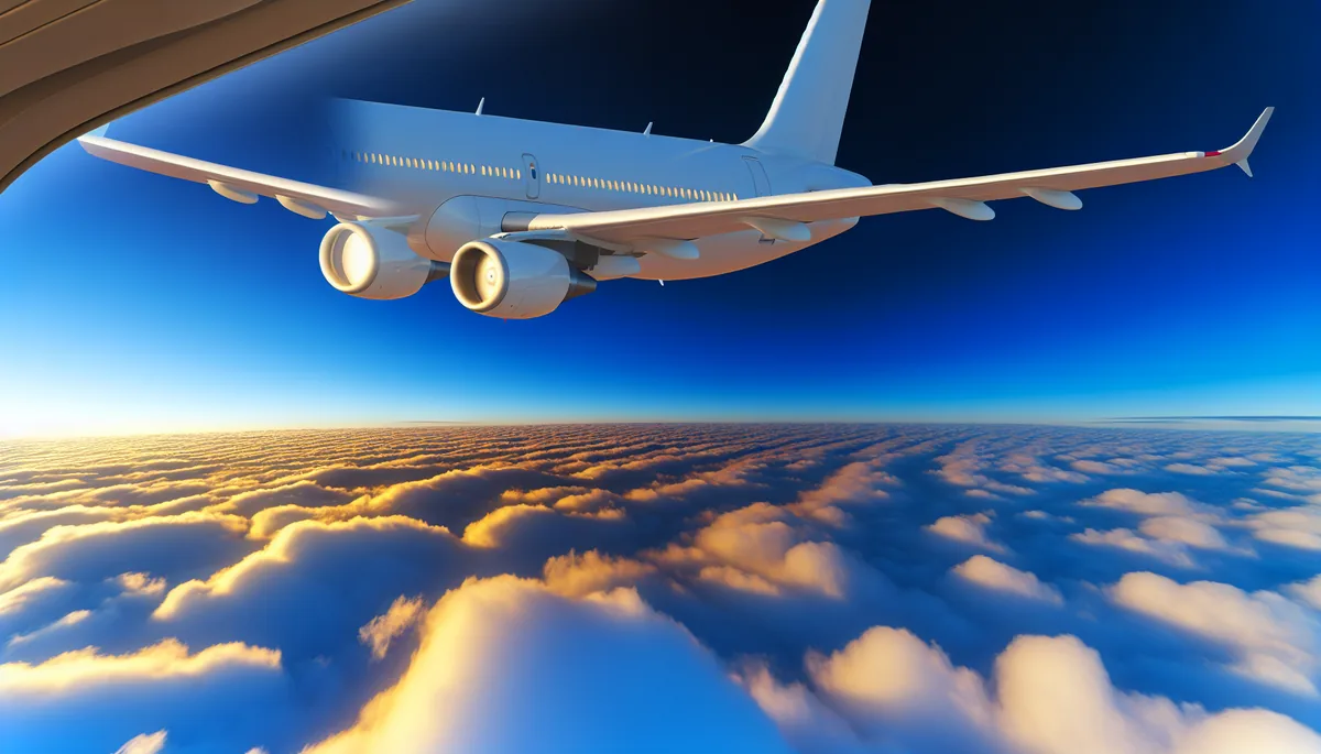 Commercial airplane wing visible through passenger window flying above white clouds against a deep blue sky at high altitude