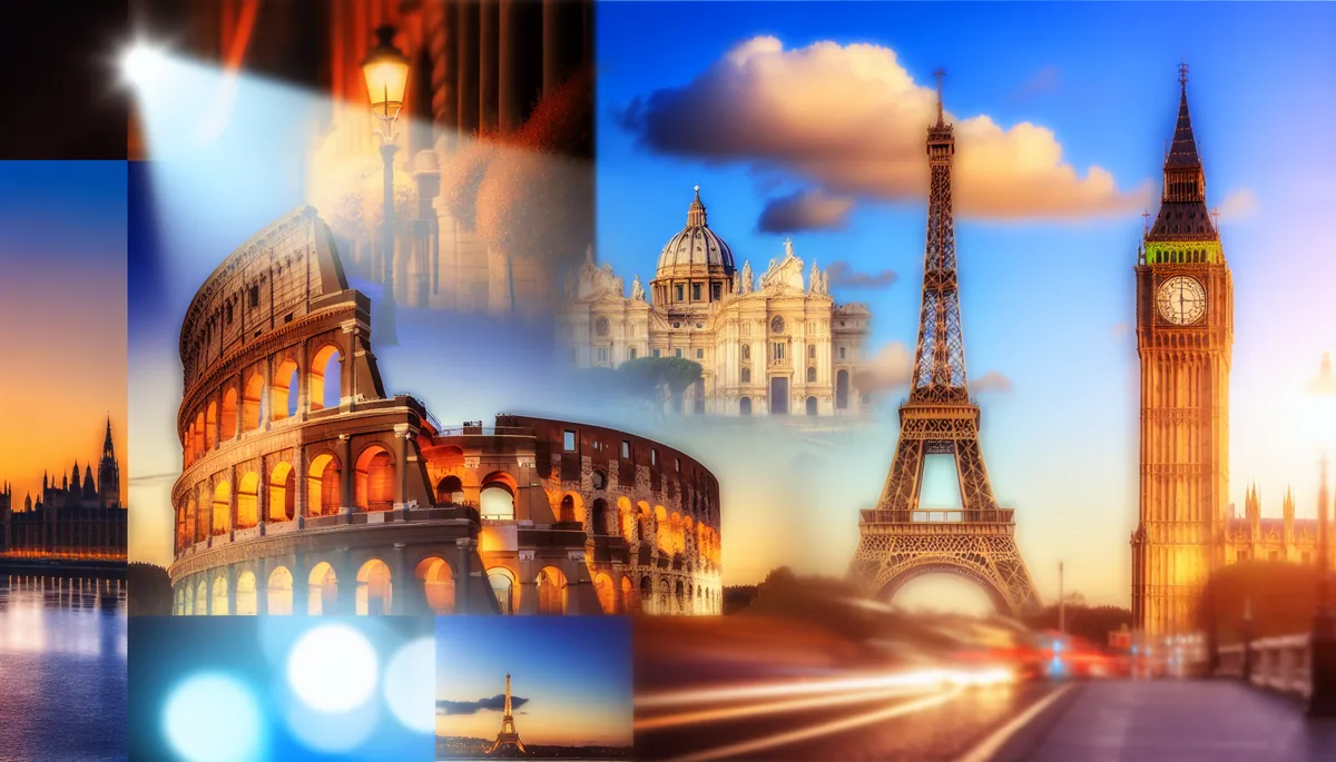 Panoramic view of famous European landmarks including the Eiffel Tower, Colosseum, and Big Ben under golden hour lighting with dramatic clouds