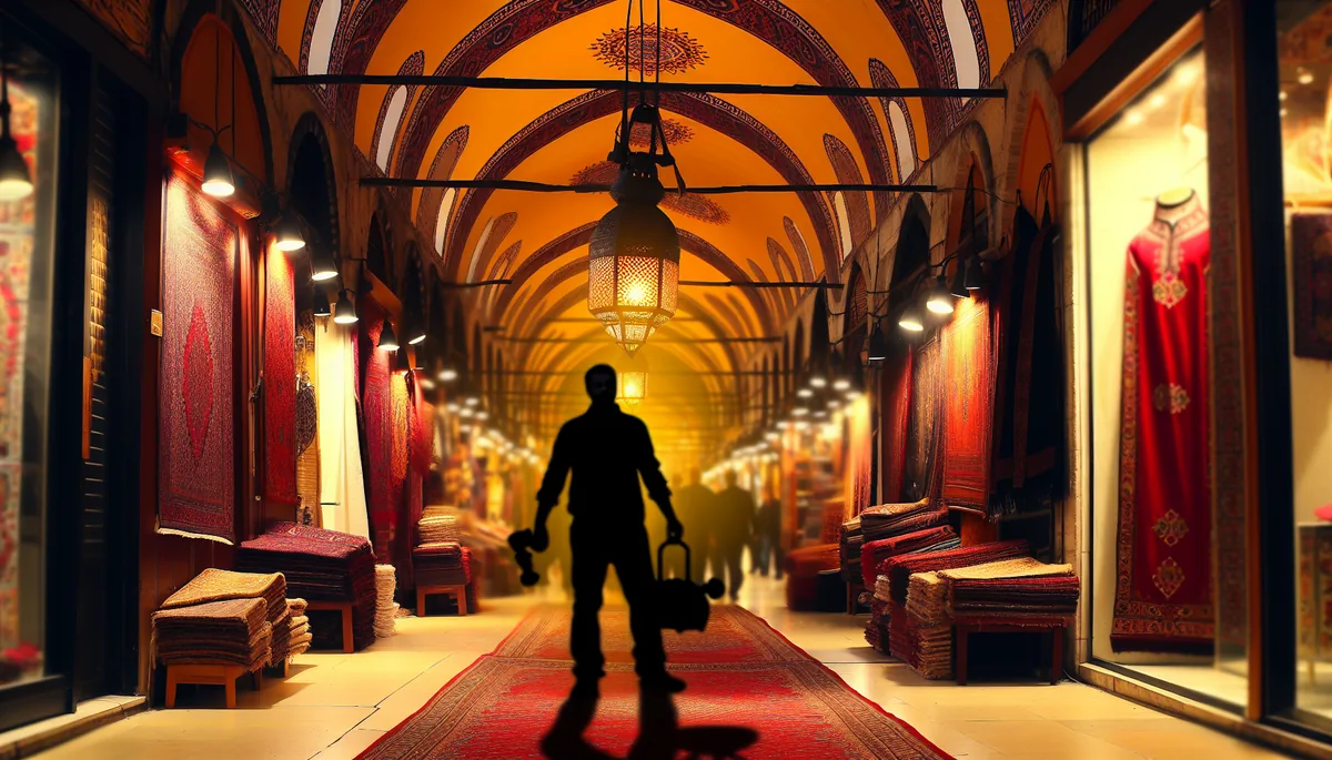 Silhouette of a person walking through the vibrant, lamp-lit corridors of Istanbul's Grand Bazaar with traditional Turkish carpets and warm golden lighting
