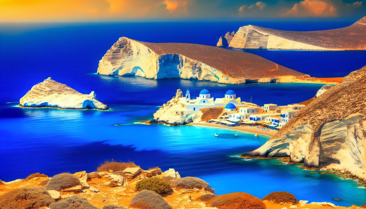 Beautiful Mediterranean coastal scene with turquoise waters, white cliffs, and traditional Greek architecture under golden sunlight