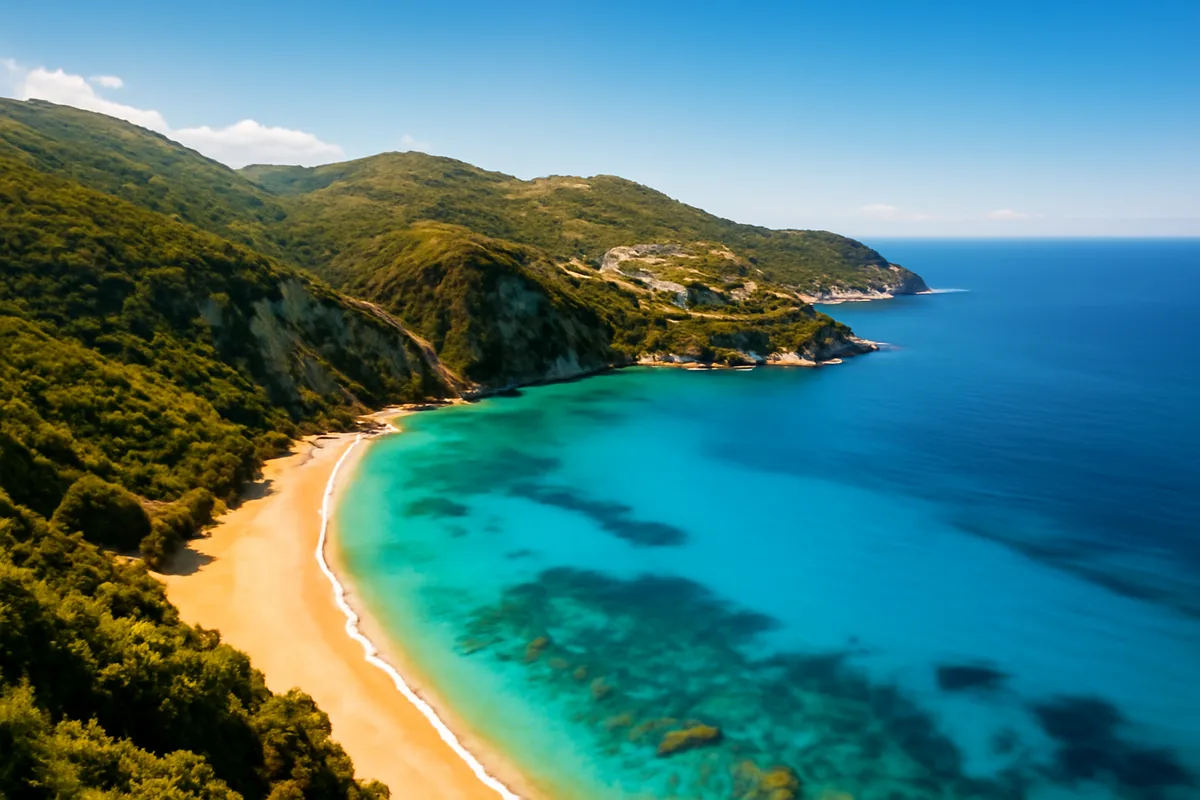 Aerial panoramic view of a picturesque Mediterranean coastline with turquoise waters, golden beaches, white-washed cliffside villages, and lush green hills under a bright summer sky.