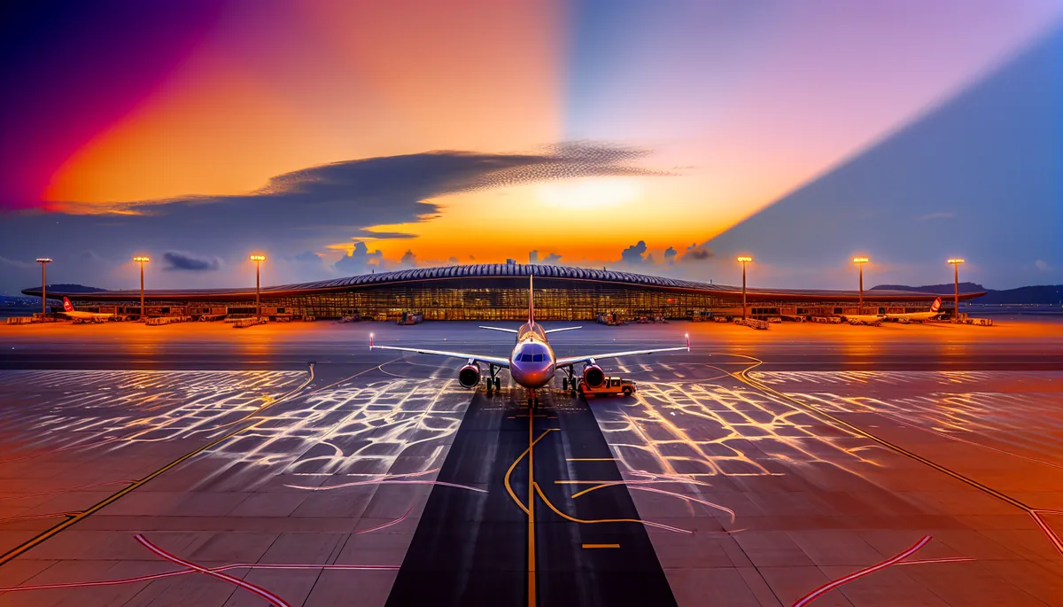 Turkish Airlines aircraft on airport tarmac at sunset with Istanbul Airport terminal building in the background, showcasing international travel from Turkey