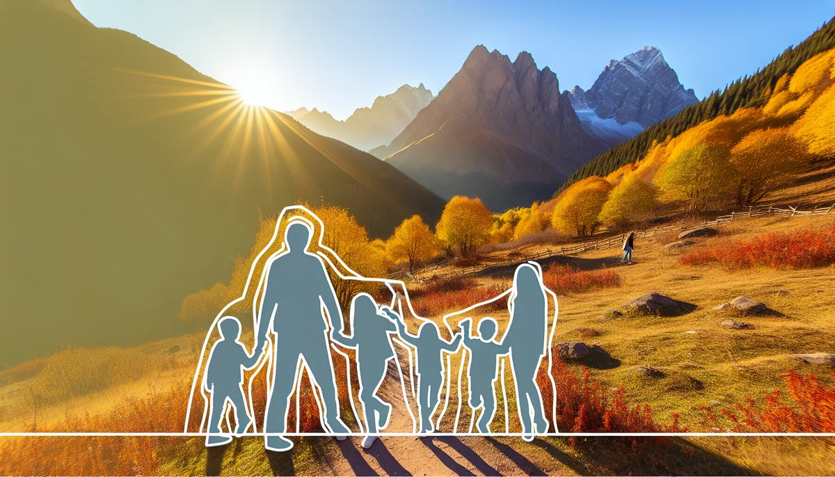 Family silhouettes hiking together on a mountain trail during golden hour with autumn foliage