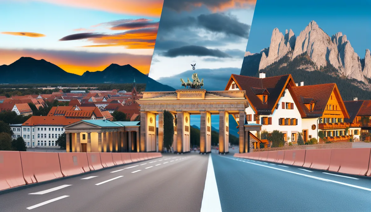 Scenic view of Brandenburg Gate in Berlin with Bavarian Alps mountains in the background during golden hour
