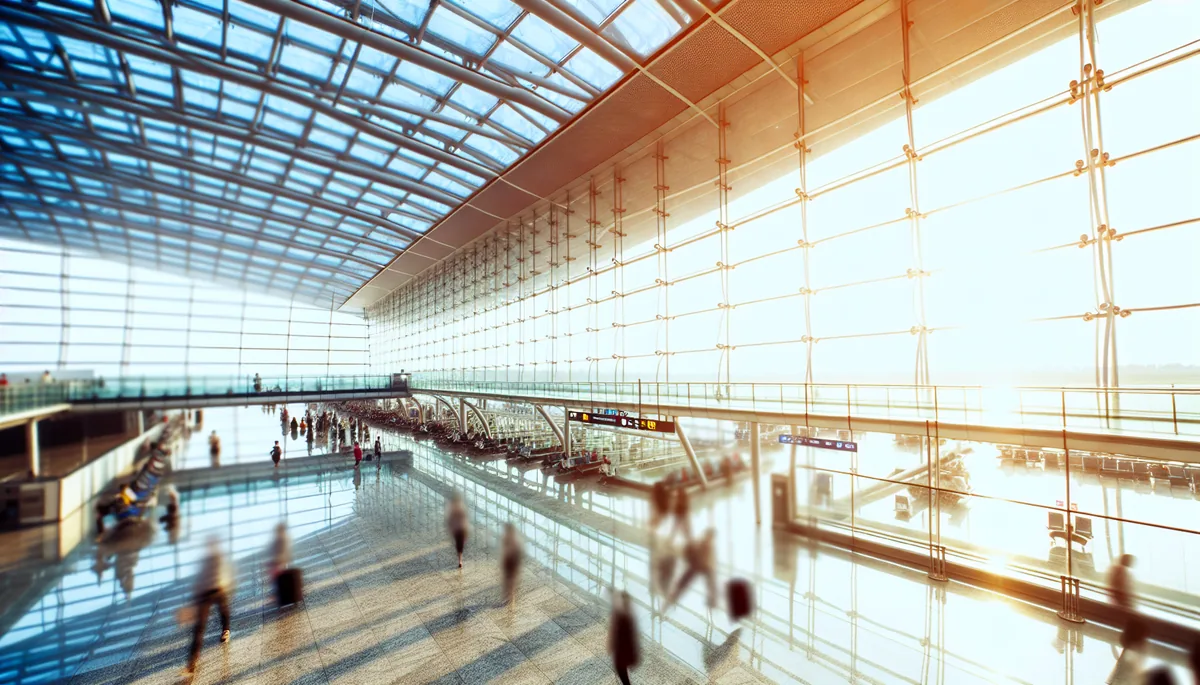 Modern airport terminal interior with travelers walking through departure area, featuring contemporary glass architecture and warm natural lighting