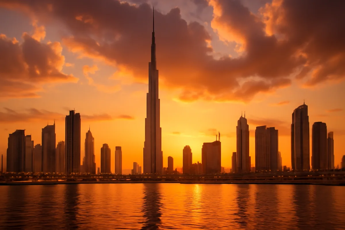 Dubai skyline at golden hour featuring the Burj Khalifa and surrounding skyscrapers reflected in warm sunset light