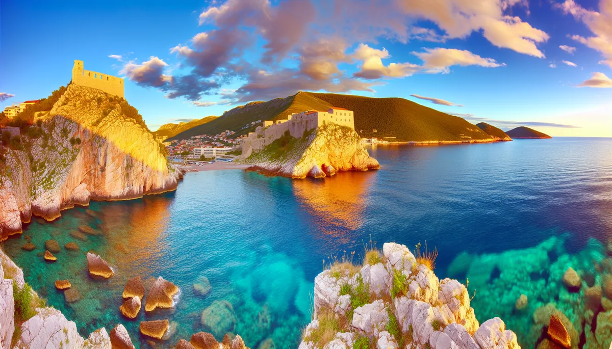 Stunning panoramic view of Balkan Peninsula coastline featuring turquoise waters, ancient stone fortress, and dramatic cliffs during golden hour