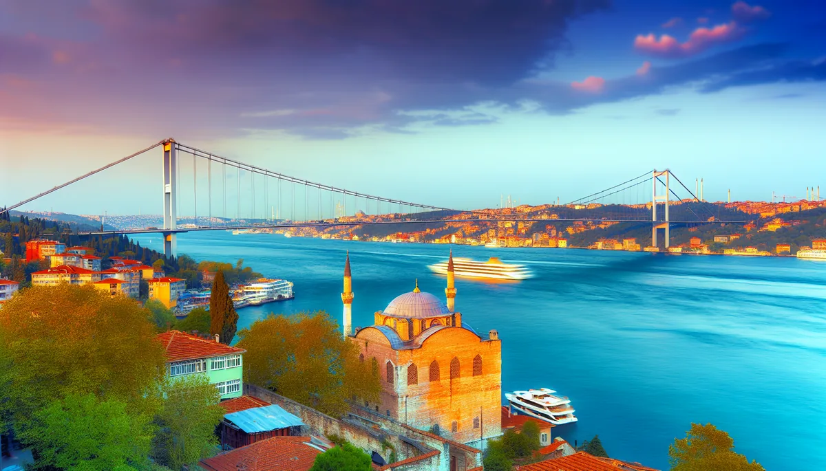 Panoramic view of Istanbul's Bosphorus Bridge at golden hour, showing the connection between European and Asian sides with traditional Turkish architecture and ships on the water