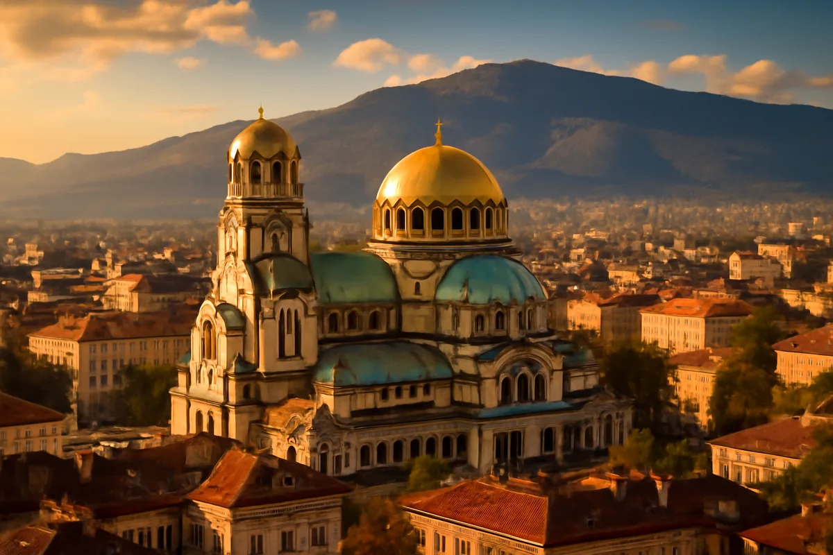 Panoramic view of Sofia, Bulgaria showing the iconic Alexander Nevsky Cathedral with its golden domes against the city skyline and Vitosha Mountain in the background during golden hour